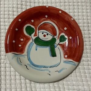 Red Snowman Holiday Salad Dessert Ceramic Plate